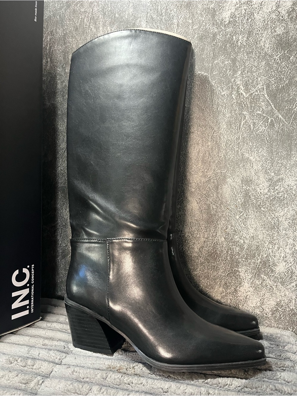 INC International Concepts Black Leather Knee-High Block Heel Boots